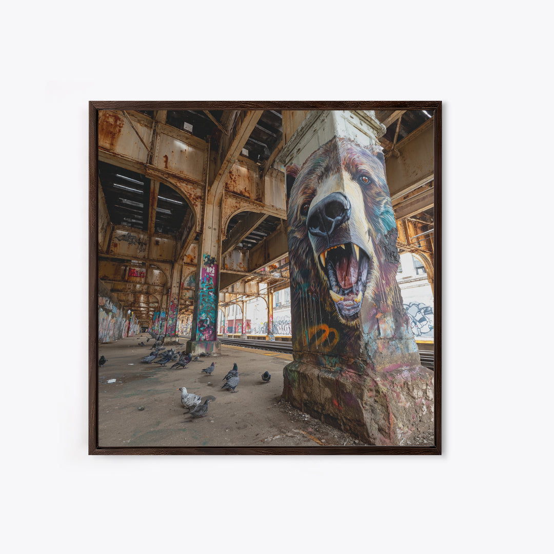 Roaring Bear Pillar Mural Canvas Print, Urban Graffiti Wall Art, Industrial Decor, Wildlife Art, Bold Animal Decor, Man Cave Decor