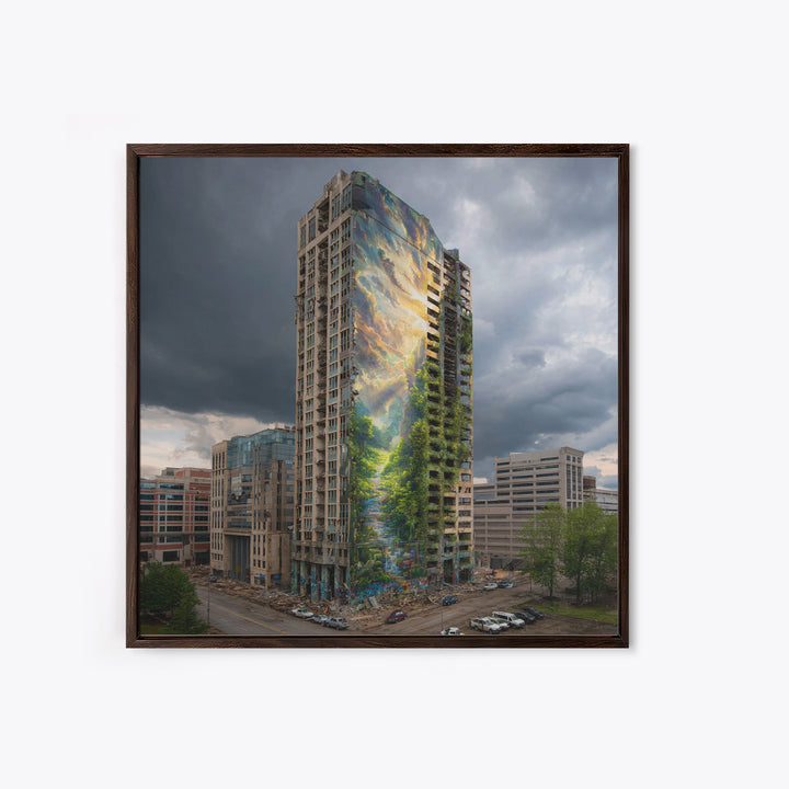 Stormy City Tower With Nature Mural Canvas Print, Urban Architecture Wall Art, Surreal Street Art, Modern Office Decor For Loft