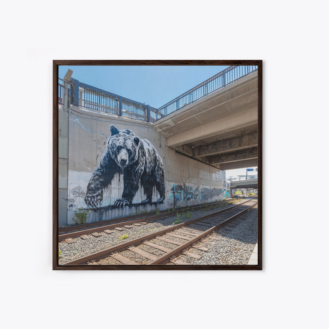 Black Bear Graffiti Mural By Train Tracks Canvas Print, Urban Wildlife Wall Art, Industrial Street Art Decor For Modern Loft