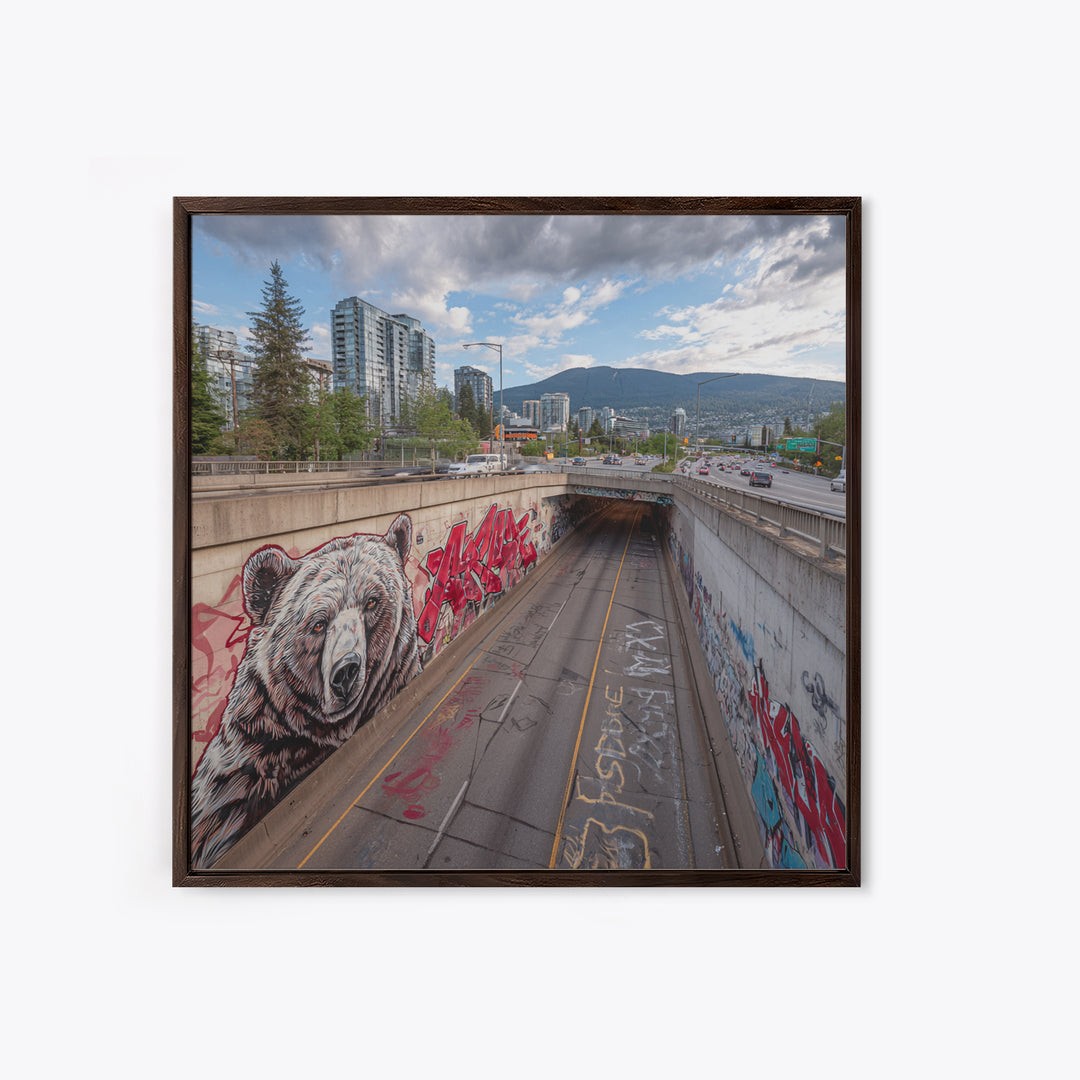 Bear Mural Highway Underpass Cityscape Wall Art, Urban Wildlife Print, Mountain Landscape Decor, Graffiti Street Photography