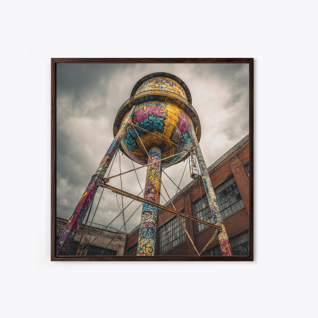 Graffiti Water Tower Under Stormy Sky Wall Art, Industrial Urban Print, Street Art Photography, Bold Loft Decor For Home
