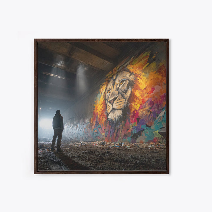 Underground Lion Mural In Shadowed Tunnel Framed Canvas Print, Urban Wildlife Wall Art, Graffiti Decor, Moody Street Photography