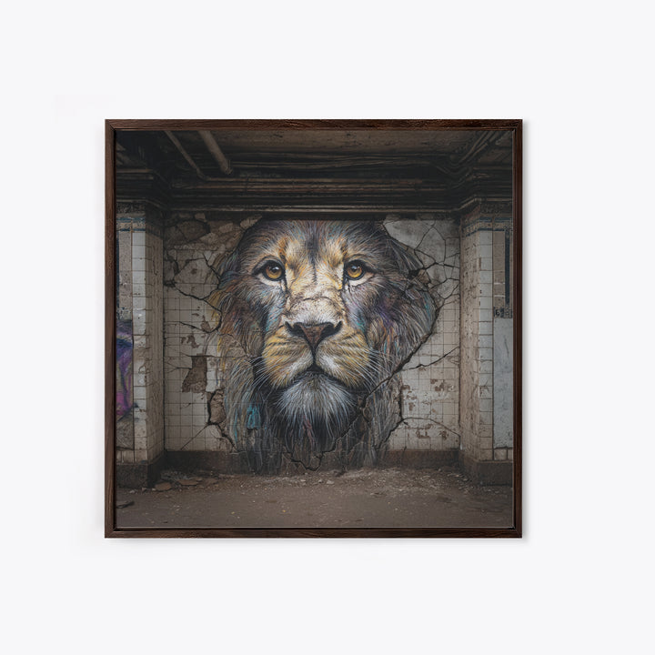 Cracked Wall Lion Portrait Graffiti Wall Art, Abandoned Subway Mural Print, Urban Wildlife Decor, Moody Animal Art For Home