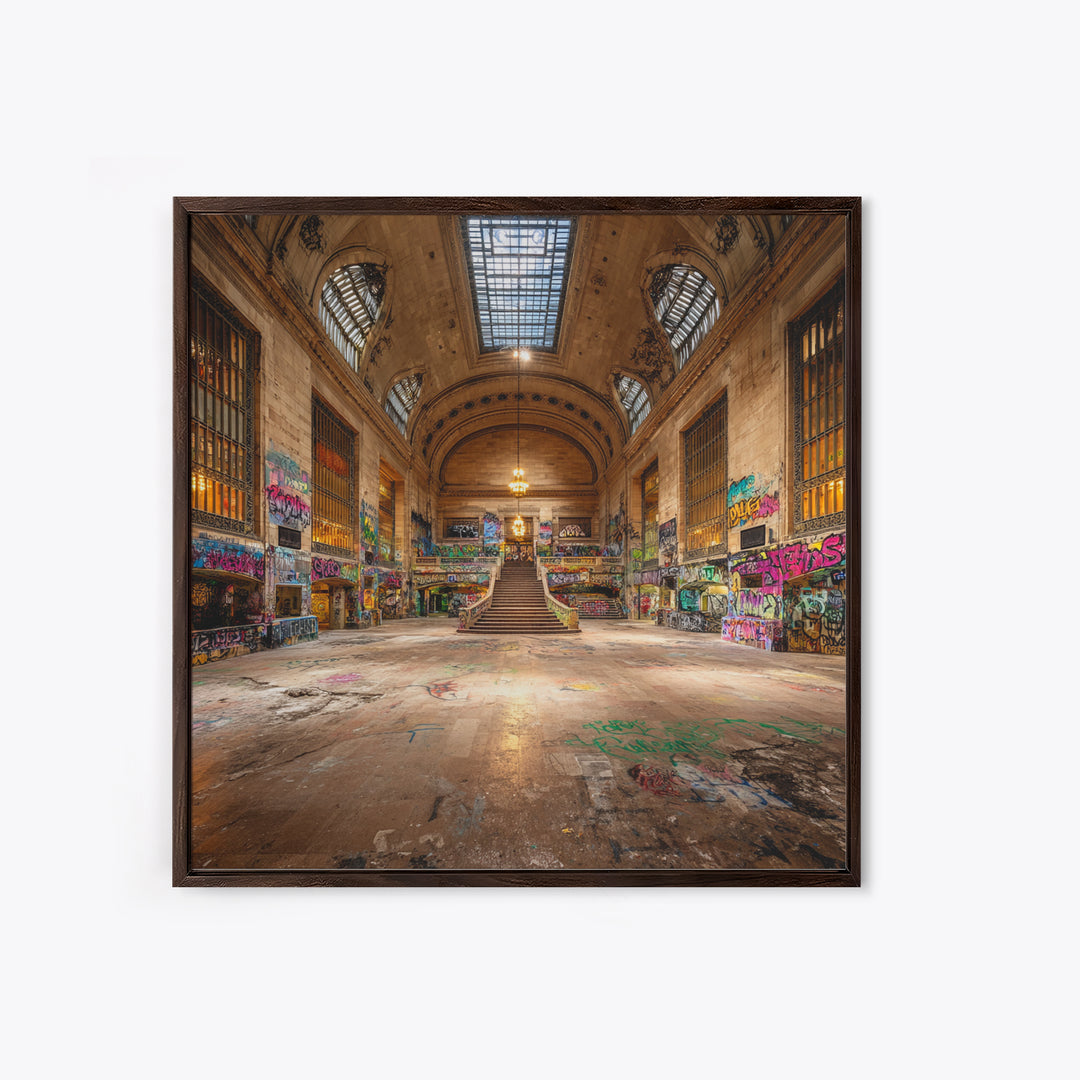 Abandoned Grand Hall Graffiti Framed Canvas Print, Urban Street Art, Industrial Wall Decor, Large Statement Artwork, Modern Home Decor