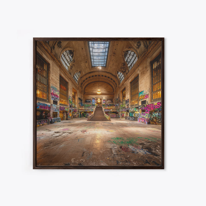 Abandoned Grand Hall Graffiti Framed Canvas Print, Urban Street Art, Industrial Wall Decor, Large Statement Artwork, Modern Home Decor