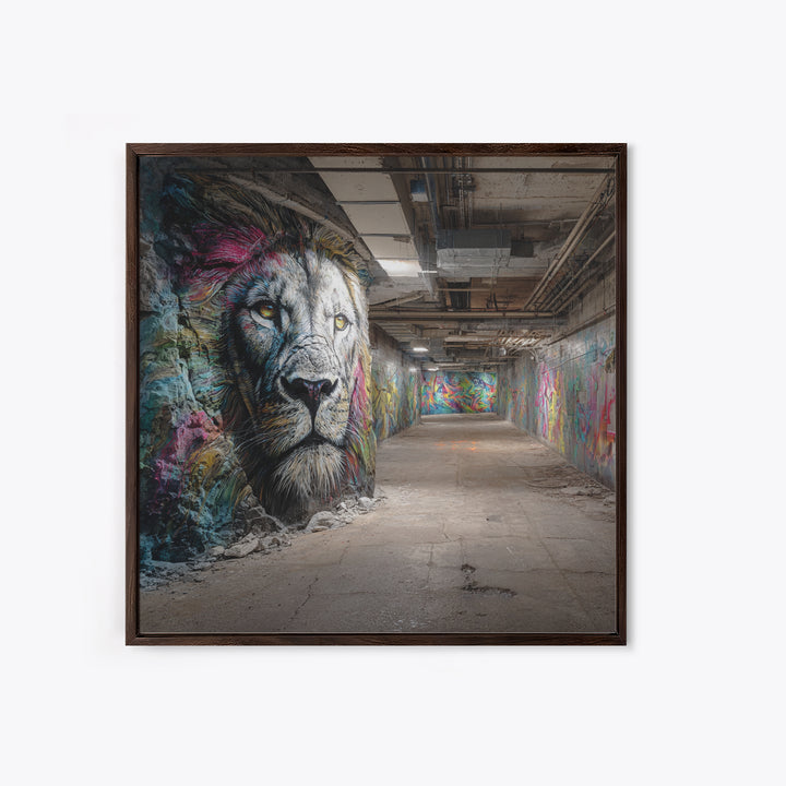 White Lion Graffiti Tunnel Wall Art, Urban Street Art Canvas Print, Wildlife Mural Decor, Industrial Loft Statement Art Gift