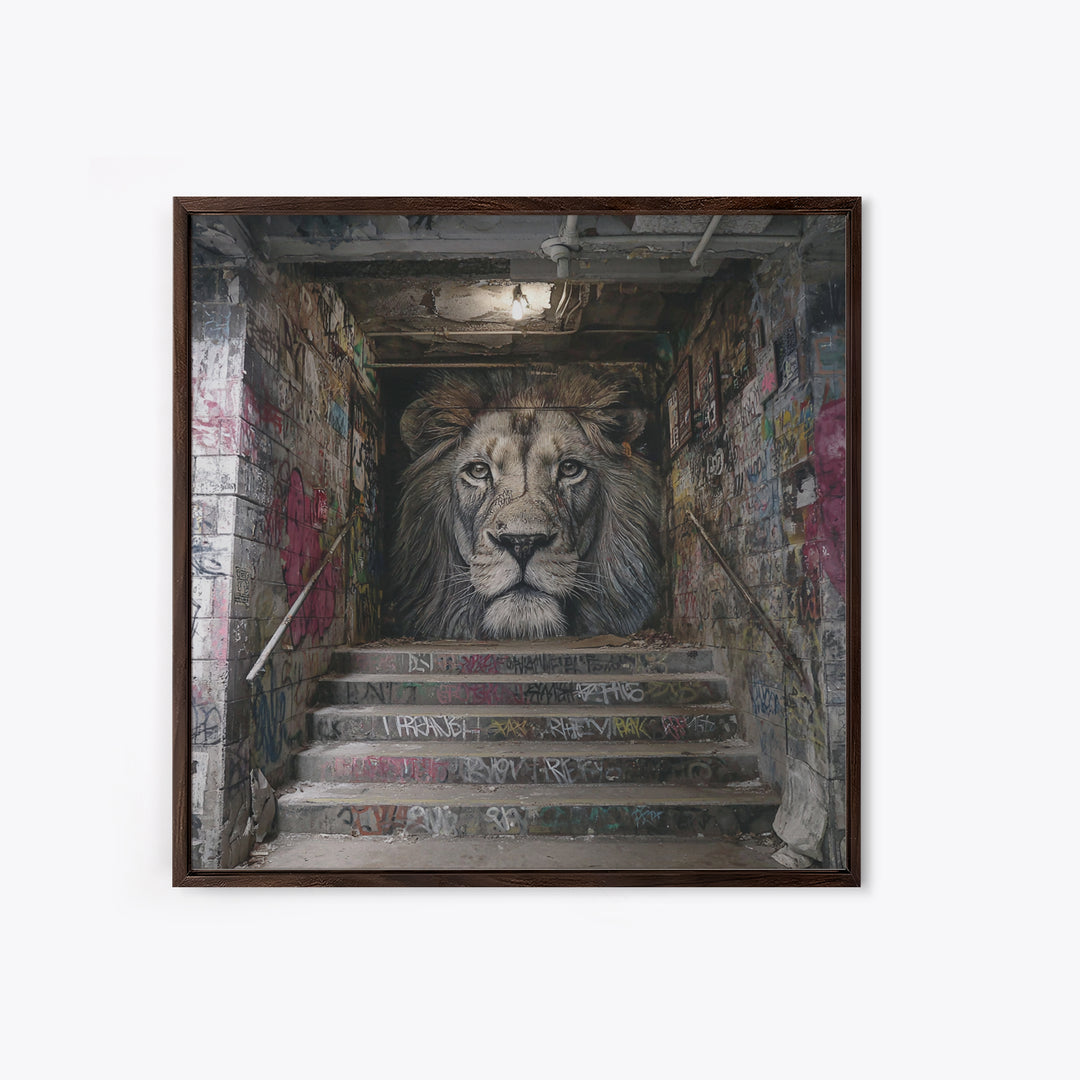 Realistic Lion Stairwell Wall Art, Urban Graffiti Mural Canvas Print, Street Art Decor, Bold Animal Office Poster For Men