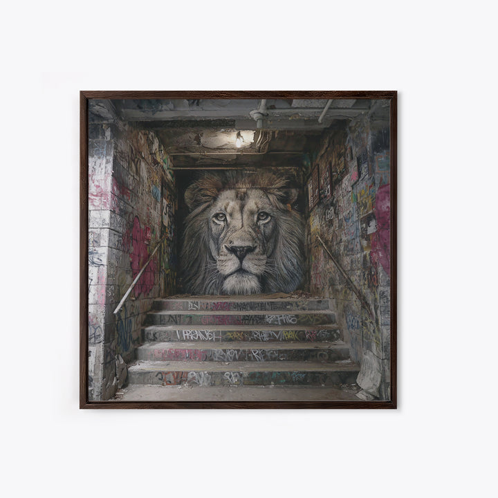 Realistic Lion Stairwell Wall Art, Urban Graffiti Mural Canvas Print, Street Art Decor, Bold Animal Office Poster For Men