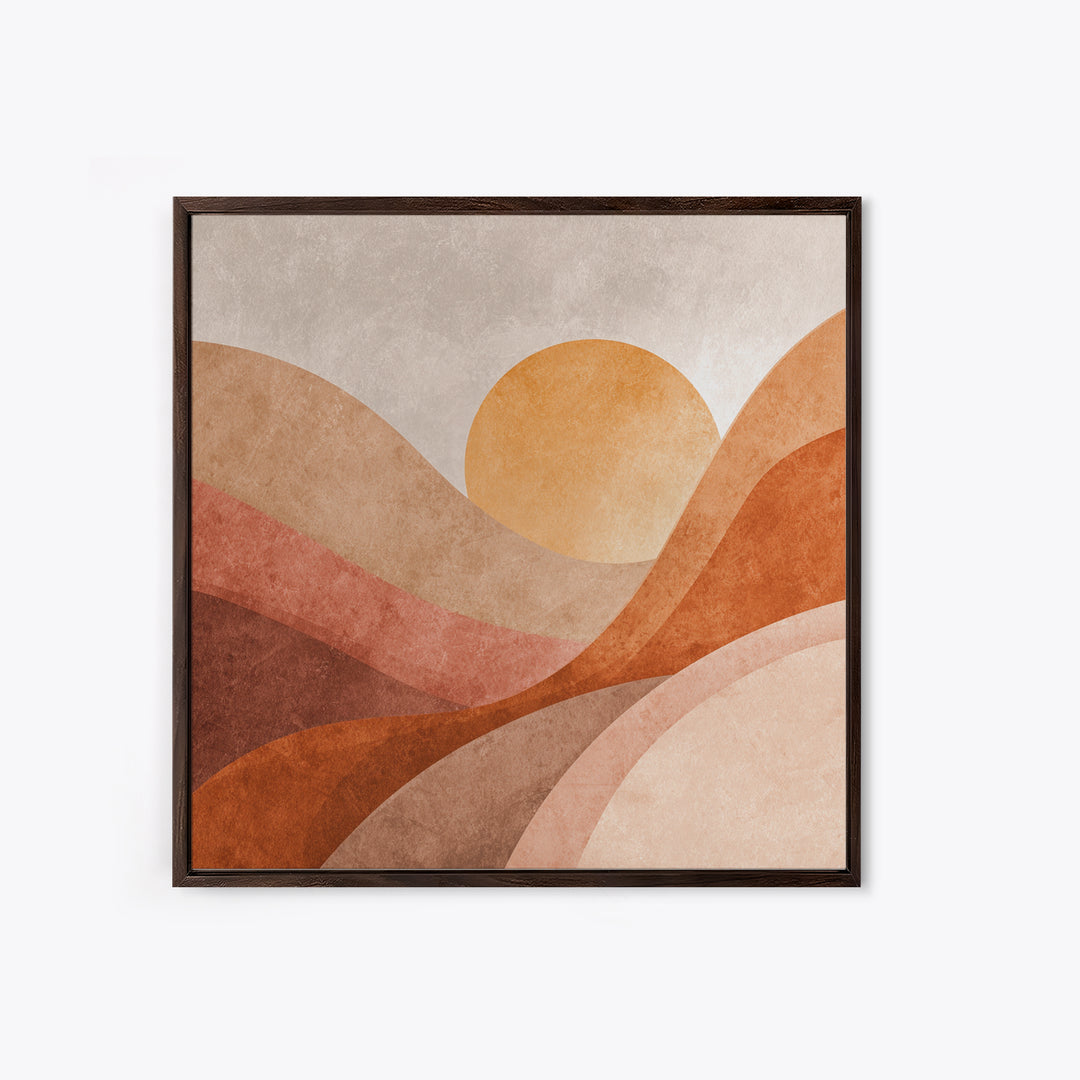Terracotta Sun Over Abstract Hills Framed Canvas Print, Earth Tone Wall Art For Modern Home Decor And Living Room Wall Decor