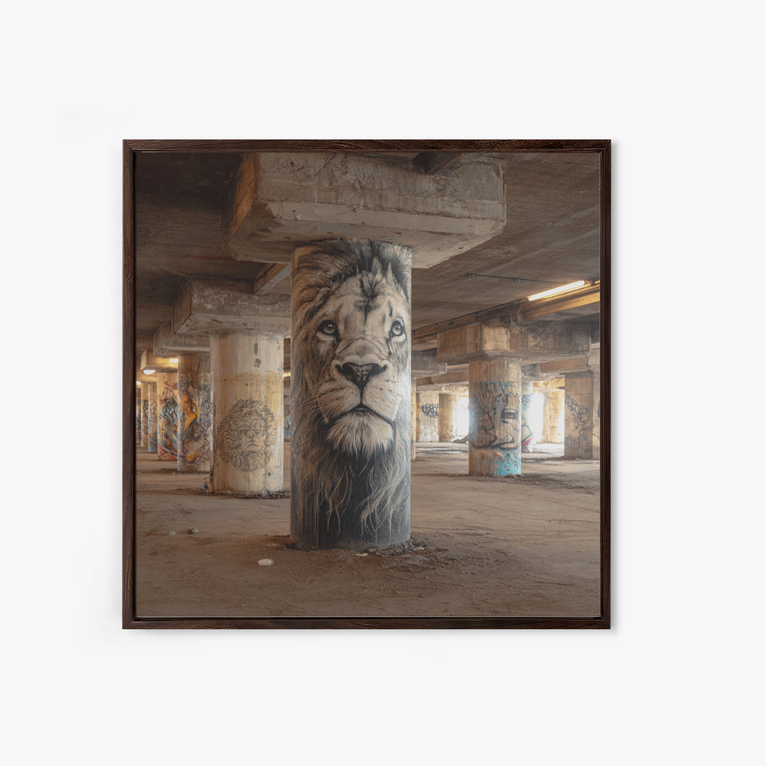Realistic Lion Portrait On Concrete Pillar Wall Art, Urban Wildlife Canvas Print, Graffiti Decor For Office And Man Cave