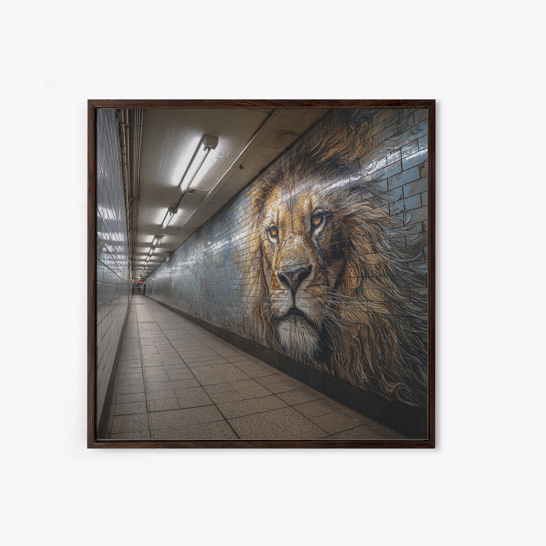 Majestic Lion Mural In Subway Tunnel Wall Art, Urban Street Art Print, Animal Wall Decor, Masculine Office Decor Gift Idea