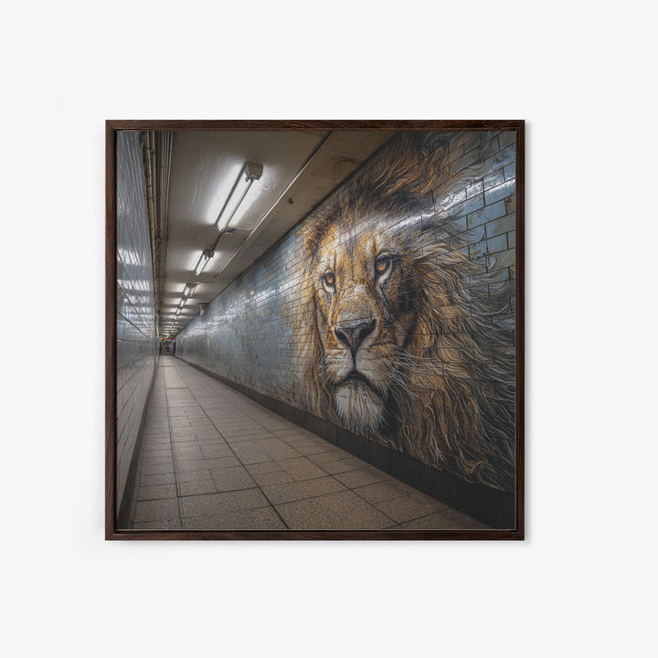 Majestic Lion Mural In Subway Tunnel Wall Art, Urban Street Art Print, Animal Wall Decor, Masculine Office Decor Gift Idea