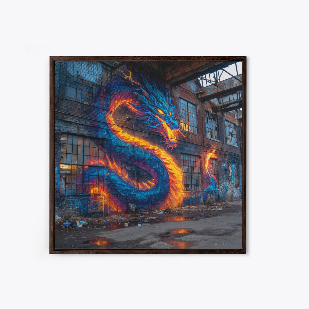 Neon Dragon Graffiti On Abandoned Brick Wall Art, Cyberpunk Street Art Canvas Print, Bold Urban Home Decor Gift For Gamer Room