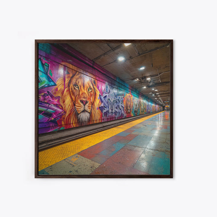 Vivid Lion Graffiti Subway Platform Canvas Print, Urban Street Art For Gaming Room Decor And Bold Modern Home Decor Wall Decor