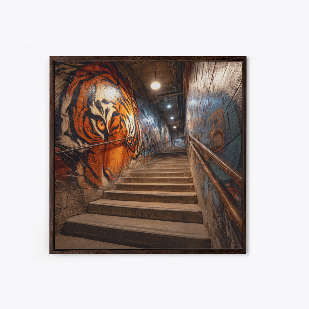 Roaring Tiger Graffiti Stairwell Wall Art, Urban Street Art Print, Industrial Decor, Bold Animal Wall Decor, Modern Home Decor