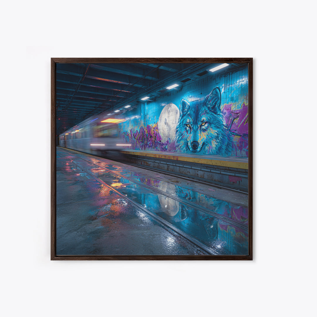 Neon Subway Wolf Graffiti Wall Art, Urban Street Art Canvas Print, Cyberpunk Decor, Gaming Room Poster, Gift For Him, Modern Wall Decor