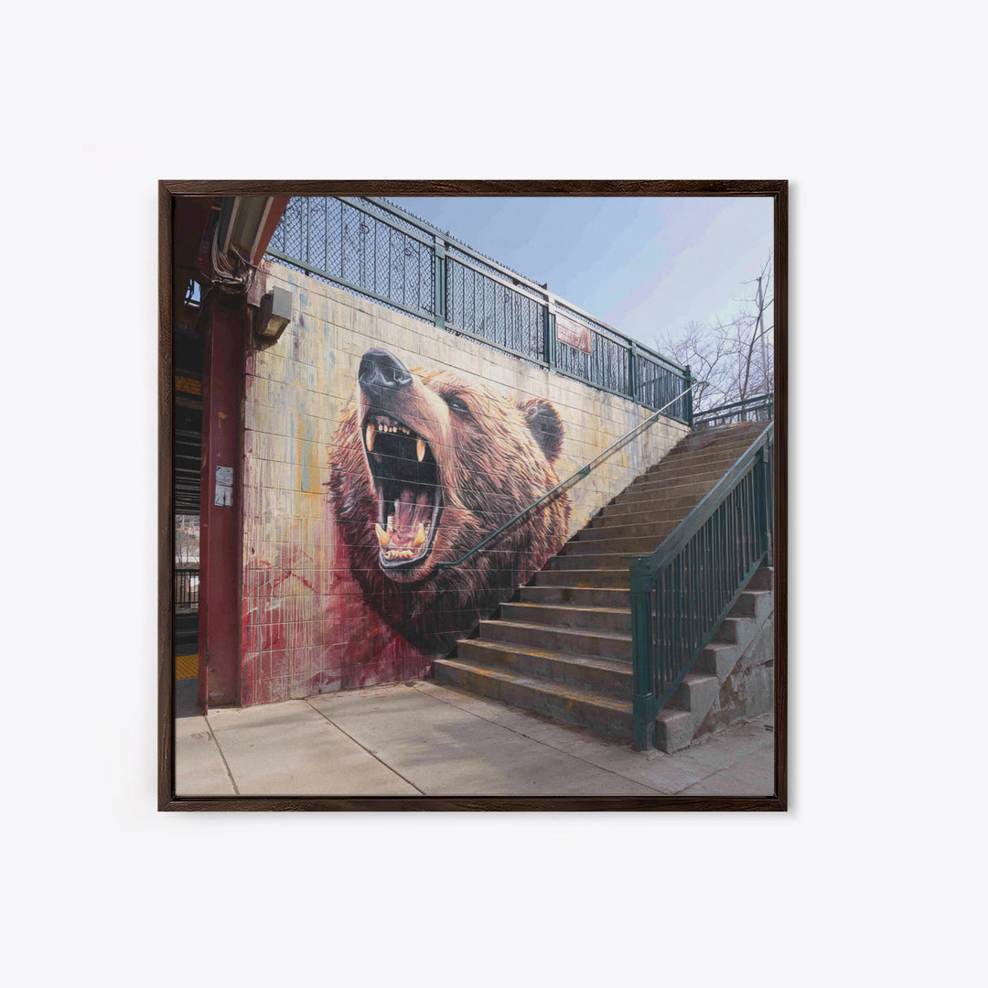 Roaring Bear Urban Stairway Mural Wall Art, Graffiti Canvas Print, Wildlife Decor, Street Art Gift For Animal Lover, Home Decor
