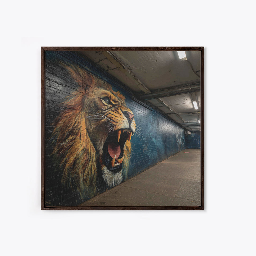 Roaring Lion Subway Mural Wall Art, Urban Graffiti Canvas, Big Cat Street Art Print, Bold Industrial Living Room Decor Gift