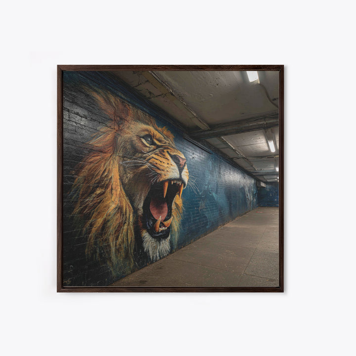 Roaring Lion Subway Mural Wall Art, Urban Graffiti Canvas, Big Cat Street Art Print, Bold Industrial Living Room Decor Gift