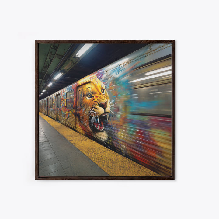 Roaring Lion Subway Train Canvas Print, Motion Blur Graffiti Wall Art, Big Cat Urban Street Decor For Modern Home Decor Gift