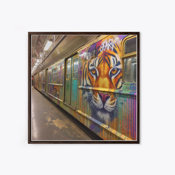 Tiger Face Graffiti Subway Train Canvas Print, Bold Urban Street Art For Maximalist Decor And Modern Wall Decor Gift Idea