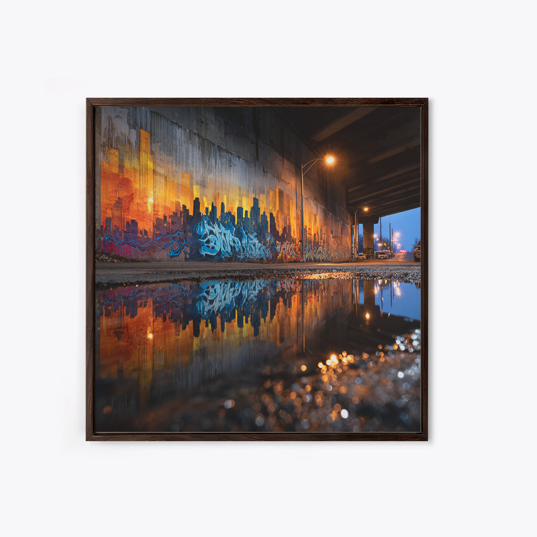 Urban Graffiti Underpass Wall Art, City Skyline Reflection, Street Art Print, Industrial Decor, Modern Office Wall Decor