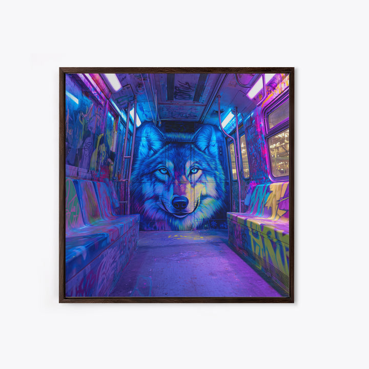 Neon Blue Wolf Subway Canvas Print, Cyberpunk Graffiti Animal Wall Decor, Urban Street Art, Gamer Room Statement Art Gift