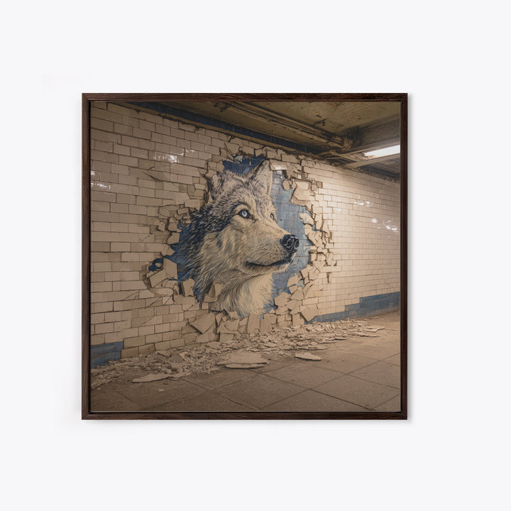 Wolf Mural Bursting Through Subway Tile Wall Art, Urban Animal Canvas Print, Street Art Decor For Modern Office Wall Decor Gift