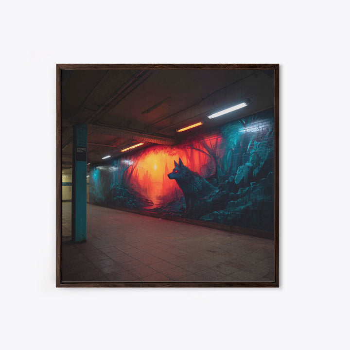 Neon Wolf Subway Mural Wall Art, Urban Graffiti Canvas Print, Cyberpunk Street Decor, Moody Animal Art For Home Office Gift
