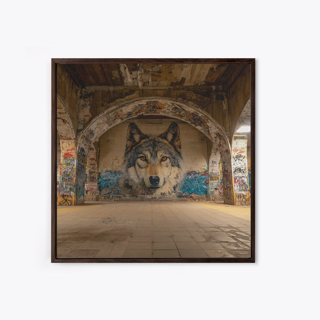 Realistic Wolf Mural In Abandoned Archway Framed Canvas Print, Urban Street Art, Animal Wall Decor, Moody Office Decor, Home Decor