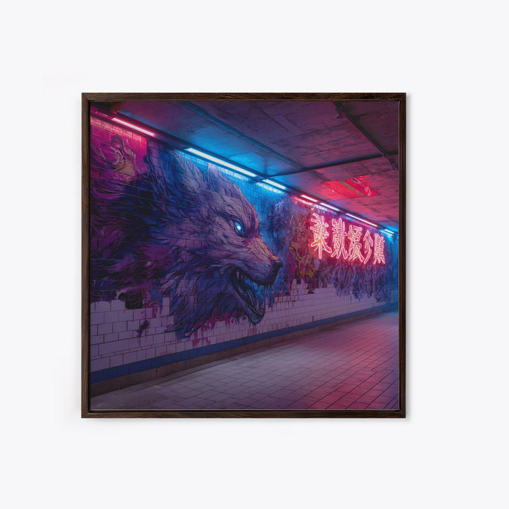 Neon Wolf Subway Mural Canvas Print, Cyberpunk Graffiti Wall Art, Futuristic Animal Street Art For Gaming Room Decor Gift