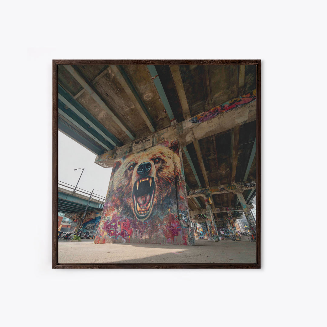 Roaring Bear Graffiti Underpass Wall Art, Urban Street Art Canvas Print, Wildlife Mural Decor, Man Cave Industrial Loft Home Decor