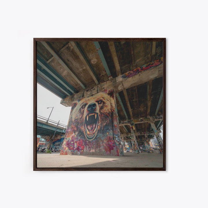 Roaring Bear Graffiti Underpass Wall Art, Urban Street Art Canvas Print, Wildlife Mural Decor, Man Cave Industrial Loft Home Decor