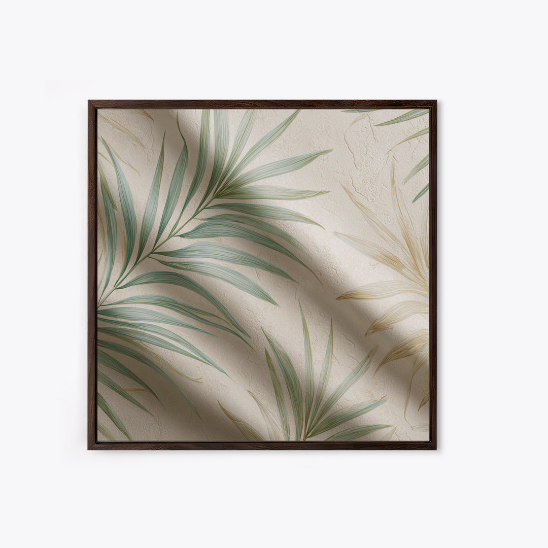 Tropical Palm Leaf Wall Art, Soft Green Beige Canvas Print, Coastal Botanical Decor, Boho Spa Bathroom Wall Decor For Relaxing Home Decor