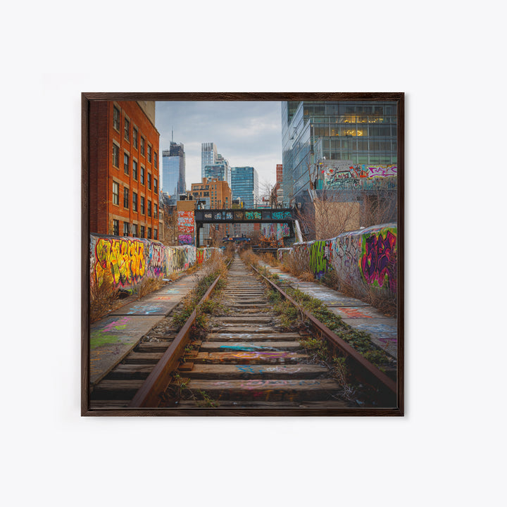 Abandoned Graffiti Railway Through City Wall Art, Urban Landscape Photography For Loft Decor And Modern Office Wall Decor