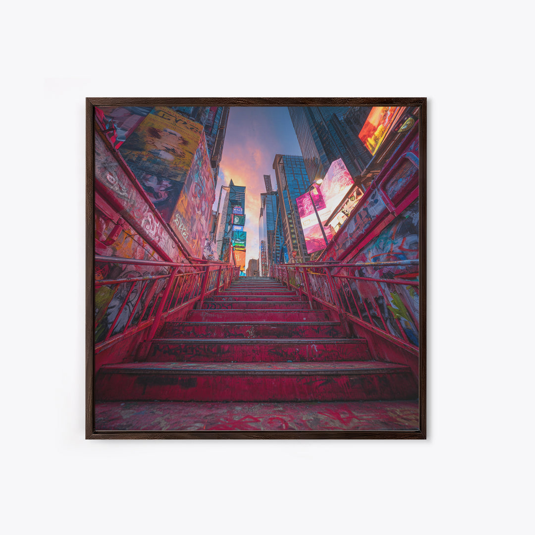 Neon City Stairway At Sunset Wall Art, Urban Graffiti, Times Square Travel Poster, Colorful Modern Canvas Print Home Decor