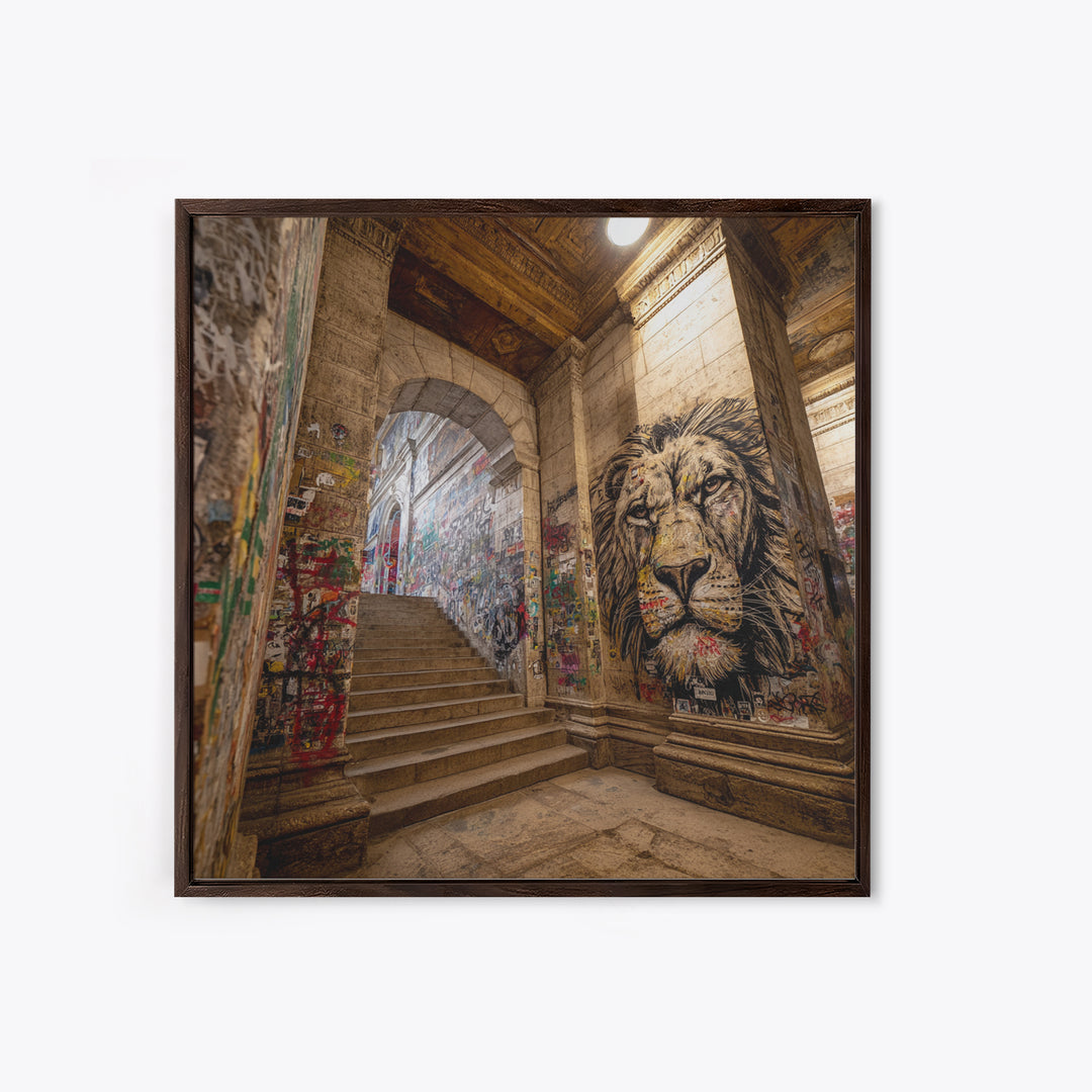 Urban Lion Mural Stairway Wall Art, Graffiti Street Art Canvas Print, City Decor, Bold Contemporary Modern Office Wall Decor