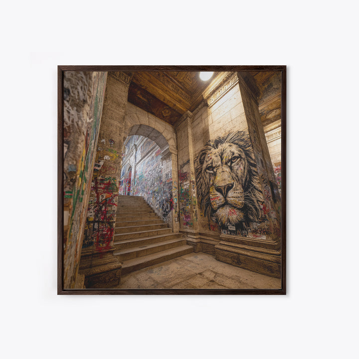 Urban Lion Mural Stairway Wall Art, Graffiti Street Art Canvas Print, City Decor, Bold Contemporary Modern Office Wall Decor