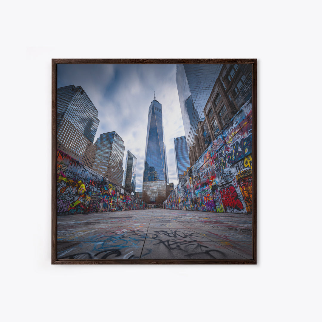 One World Trade Graffiti Courtyard Wall Art, Urban Cityscape Canvas Print, NYC Street Art Decor For Office And Apartment
