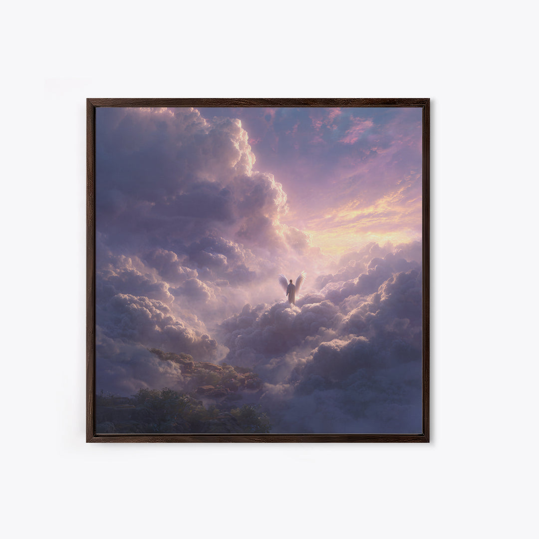 Radiant Angel Above Pastel Clouds Wall Art, Celestial Fantasy Canvas Print, Spiritual Decor, Ethereal Nursery Wall Art, Gift For Her