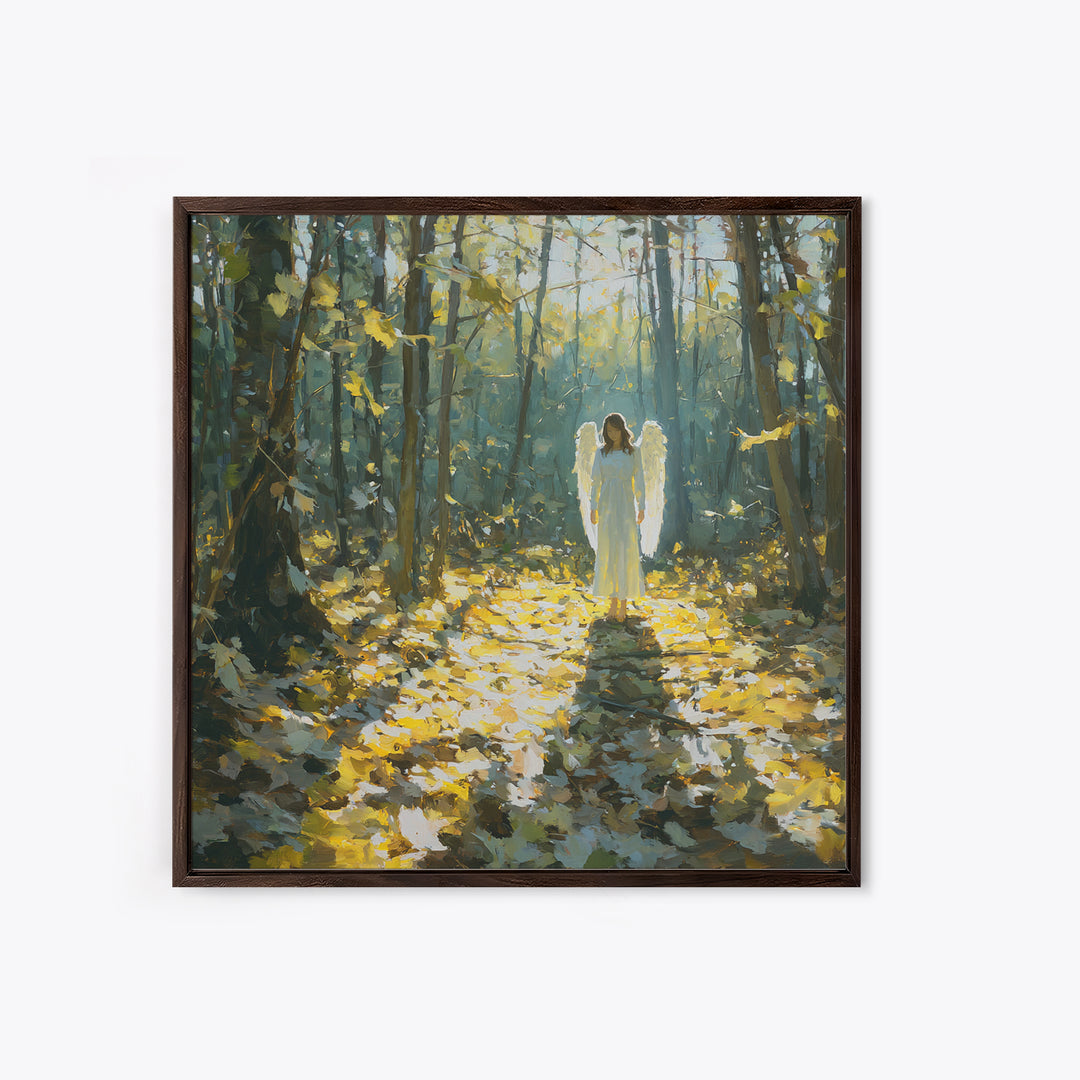 Sunlit Angel In Enchanted Forest Wall Art, Ethereal Christian Canvas Print, Woodland Decor, Spiritual Nursery Art, Calming Decor