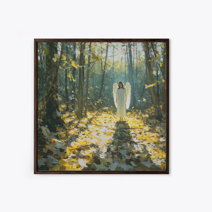 Sunlit Angel In Enchanted Forest Wall Art, Ethereal Christian Canvas Print, Woodland Decor, Spiritual Nursery Art, Calming Decor