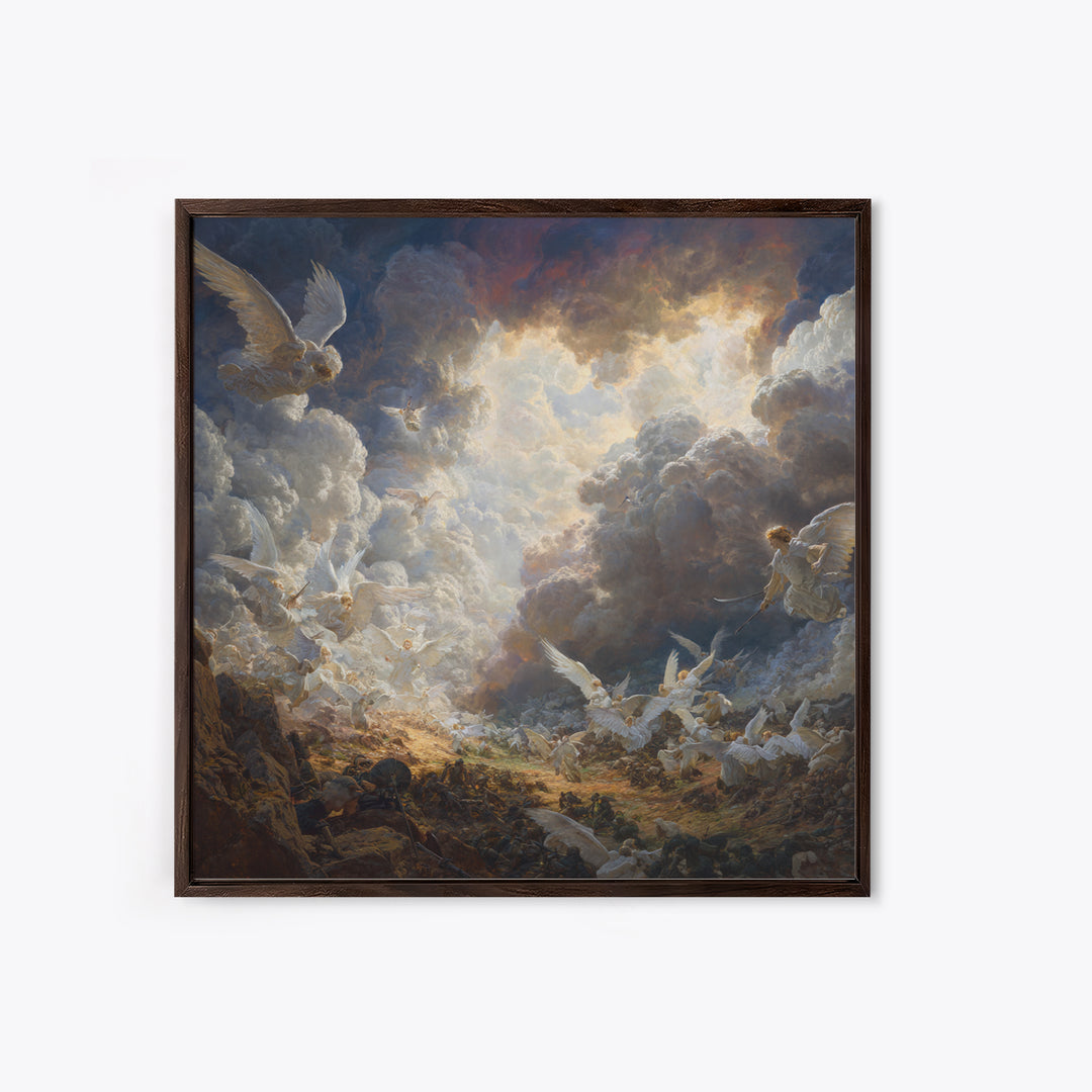 Heavenly Angels In Storm Clouds Canvas Print, Biblical Battle Painting, Christian Wall Decor, Dramatic Renaissance Art Gift