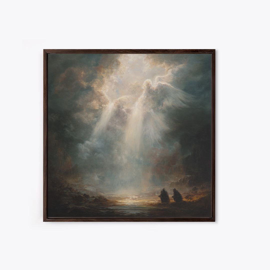 Radiant Angel Emerging From Storm Clouds Framed Canvas Print, Spiritual Wall Art, Religious Home Decor, Prayer Room Gift
