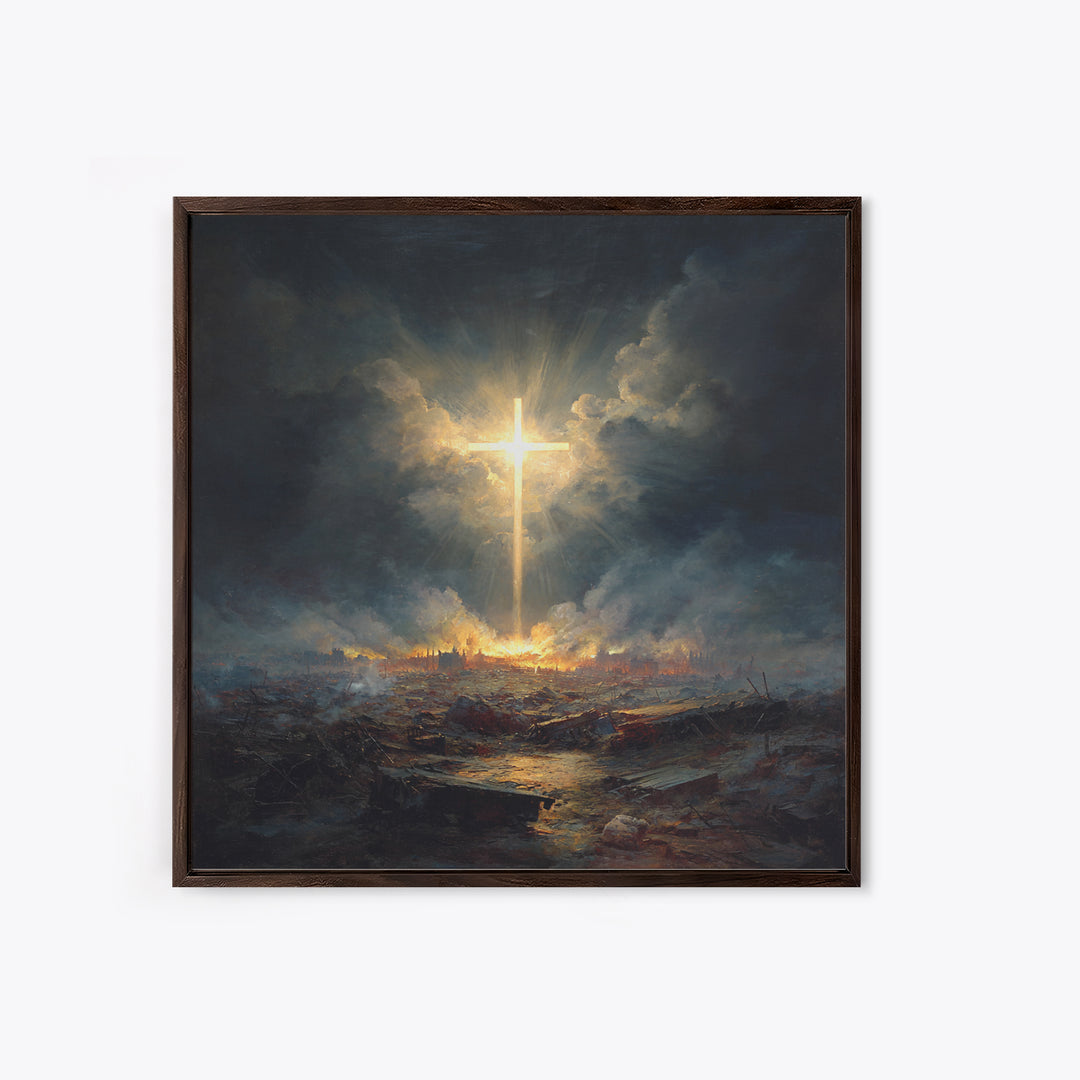 Radiant Cross Over Stormy Battlefield Wall Art, Christian Canvas Print, Dramatic Religious Decor, Spiritual Gift For Home