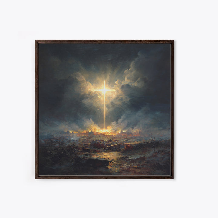 Radiant Cross Over Stormy Battlefield Wall Art, Christian Canvas Print, Dramatic Religious Decor, Spiritual Gift For Home