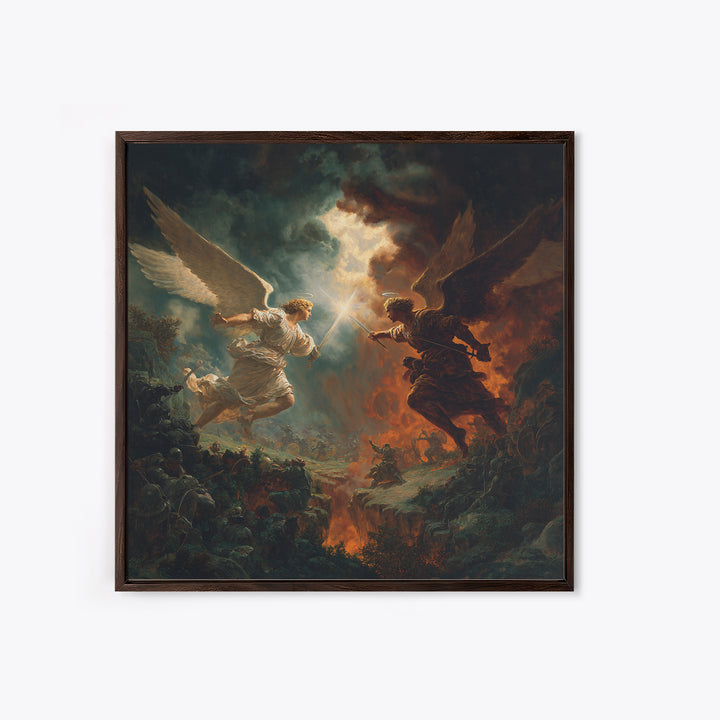 Angel Duel Over Apocalyptic Battlefield Wall Art, Dark Fantasy Framed Canvas Print, Biblical Spiritual Home Decor Gift For Him