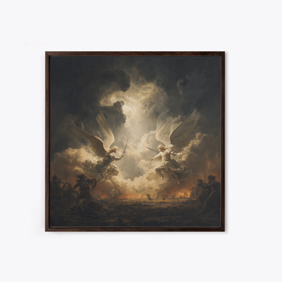 Angelic Battle In Storm Clouds Framed Canvas Print, Dark Baroque Religious Art, Renaissance Wall Decor, Dramatic Fine Art