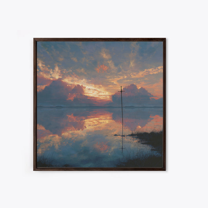 Solitary Cross At Sunset Wall Art, Reflective Lake Landscape Print, Christian Artwork, Spiritual Home Decor, Prayer Room Gift