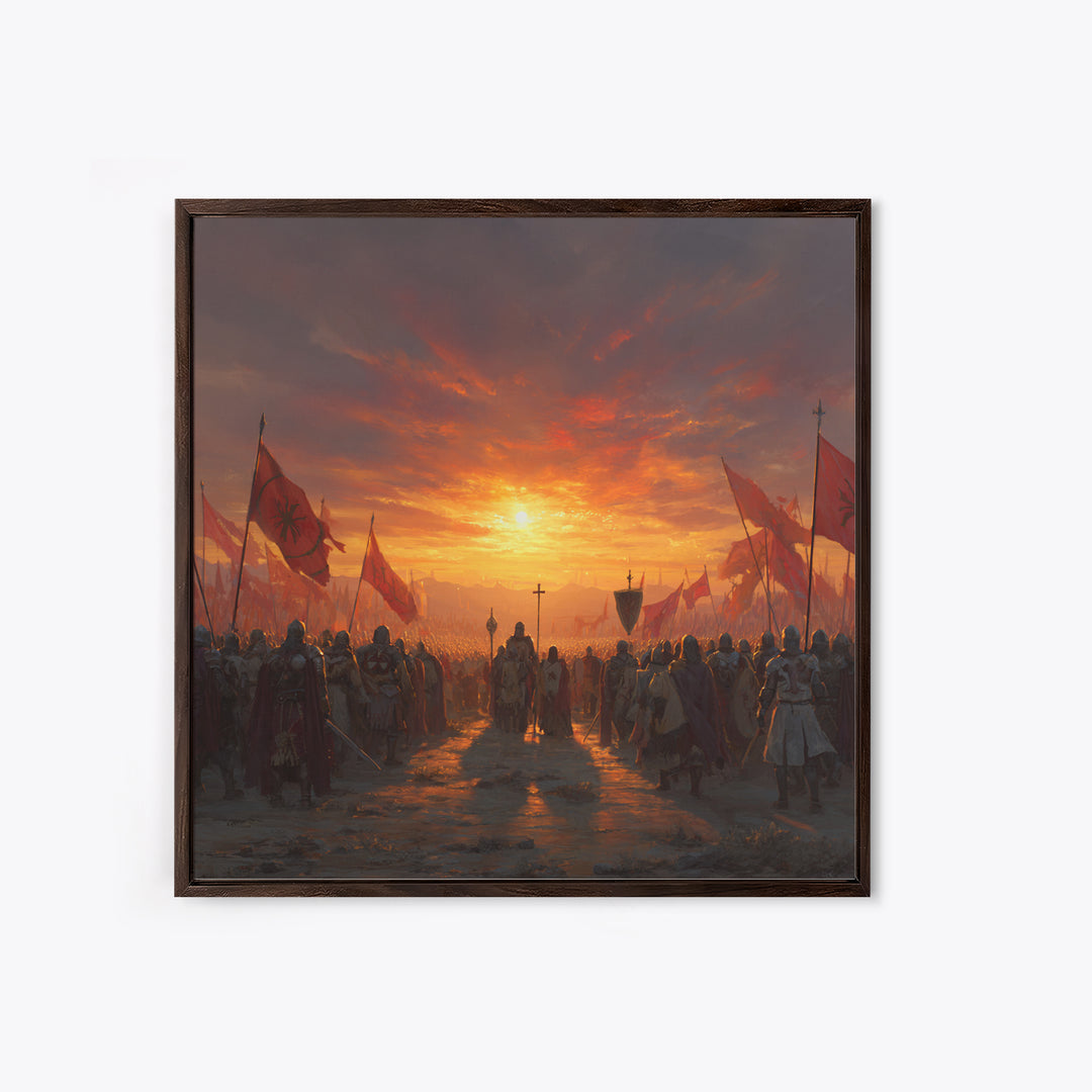 Medieval Army At Fiery Sunset Framed Canvas Print, Crusader Battle Wall Art, Epic Fantasy Decor, Historical Gift For Him